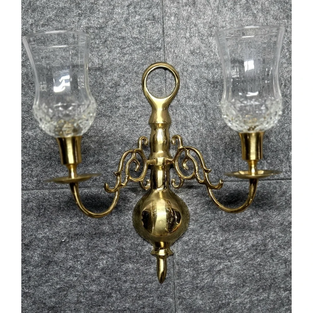 Vintage Botanical Brass Double Arm Hurricane Candle Wall Sconce Ornate Glass